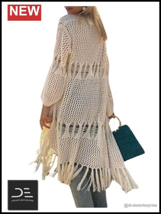 Sweaters - Oversized Crochet Cardigan Sweater Duster Long Open Front Fringe Lightweight